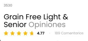 Foto reseña del producto grain free light senior de logo azul